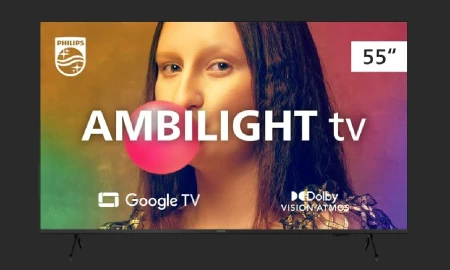 Smart TV Philips Ambilight 55 Polegadas 4K 55PUG7908/78, Google TV, Comando de Voz, Dolby Vision/Atmos, VRR/ALLM, Bluetooth
